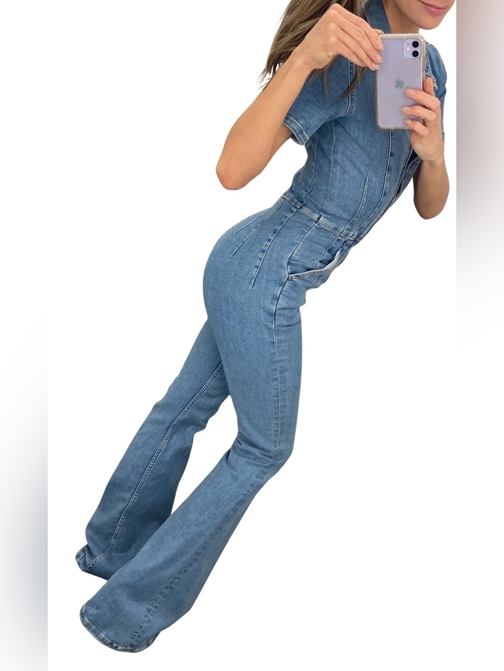 We The Free Jayde Jumpsuit Light Blue Flare Denim Free People XS NWOT